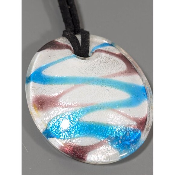 Artisan Hand Blown Glass Dichroic Oval Pendant Blue Purple Spiral Cord Necklace - Picture 3 of 7